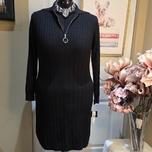 Nwt 1X Robbie Bee Black Ribbed Zip-Front Long Sleeve Dress